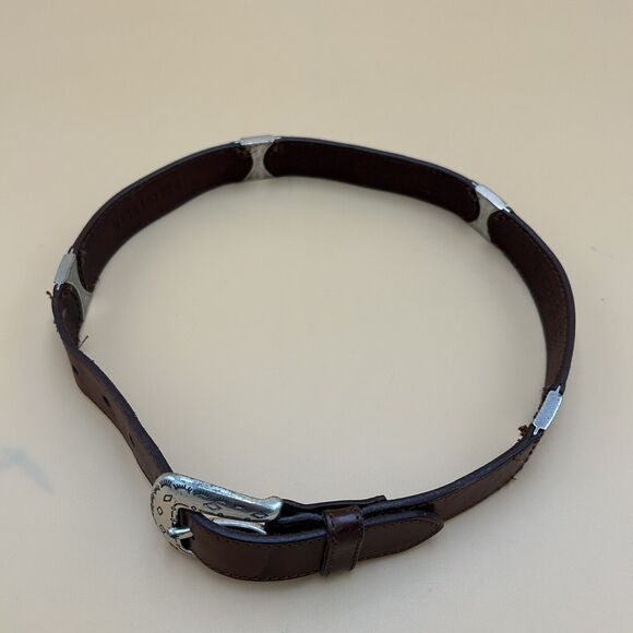Vintage 90s FOSSIL Womens 27 Brown Leather Western Belt Silver Buckle Concho - Picture 5 of 6